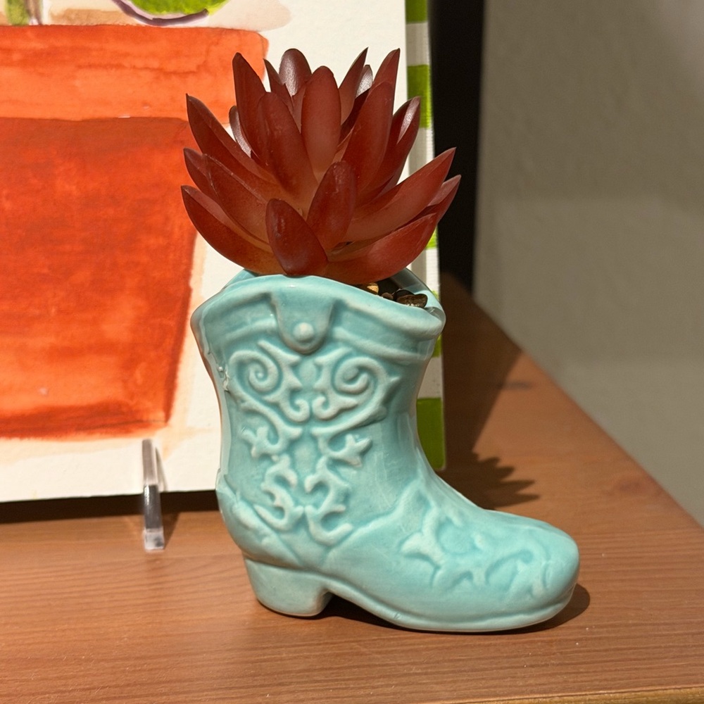 Mini Turquoise Boot Planter with Red Succulent